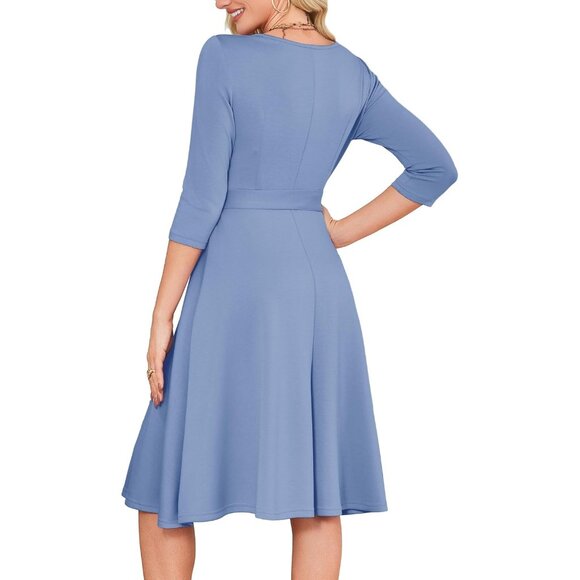 Women's Dusty Blue 3/4 Sleeve Vintage Flattering A-line Vintage Cocktail Dresses - Picture 5 of 5